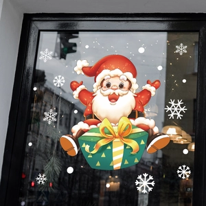 Cartoon Santa Claus with gift box and white snowflakes Christmas window stickers set