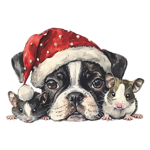 Christmas Boston Terrier and hamsters window sticker decal with festive red hats design