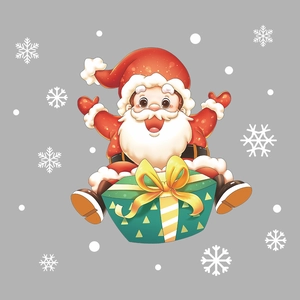 Cartoon Santa Claus sitting on a green gift box with white snowflakes window sticker