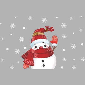 Cute waving Christmas snowman window sticker with red hat and snowflake decals