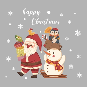 Christmas window stickers featuring Santa Claus, snowman, and reindeer with happy Christmas text