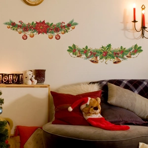Adesivo da Parete di Natale PVC Ghirlanda Decorazione Con Poinsettia Campane Ornamenti Per Soggiorno Camera Da Letto Parete
