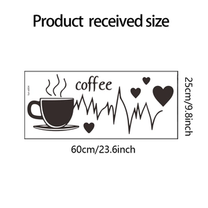 Detailed size chart for coffee heart rate wall decal measuring 60cm by 25cm