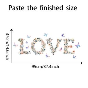 Floral LOVE wall decal size guide showing finished 95cm x 37cm dimensions with butterflies