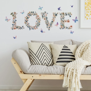 Floral LOVE letters and colorful butterfly wall stickers for living room decor