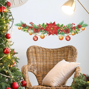Adesivo murale natalizio con stella di Natale, fiocchi rossi e ornamenti festivi