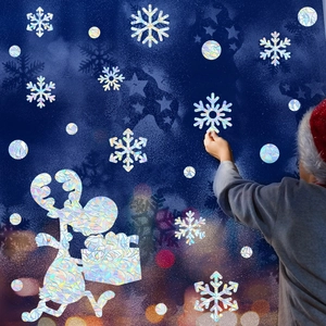 Holographic Christmas window stickers with reindeer, snowflakes and festive dot patterns