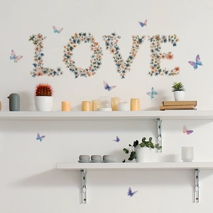 Floral LOVE wall decals with colorful flowers and butterflies for modern home wall decor