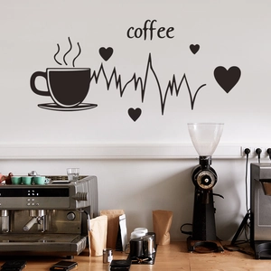 Minimalist coffee cup wall sticker with heartbeat line and heart shapes for cafe decor