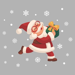 Dancing Santa Claus sticker with green gift box and white snowflakes for window decor