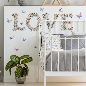 Floral LOVE wall decals with watercolor butterflies for bedroom decor and home styling