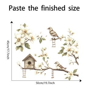 Detail of magnolia wall decal showing finished size of 45x50cm with birds and birdhouse