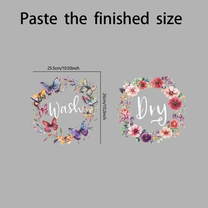 Close-up of decorative Wash and Dry floral wreath stickers with precise size measurements
