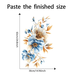 Detail showing dimensions of blue floral wall sticker with finished size measurements