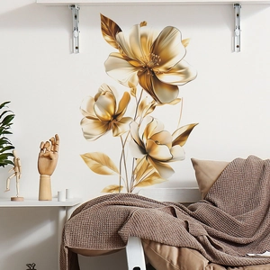 Golden 3D Embossed Flower Wall Stickers Metallic Floral PVC Removable Decals For Living Room Bedroom Home Decor fun-e141