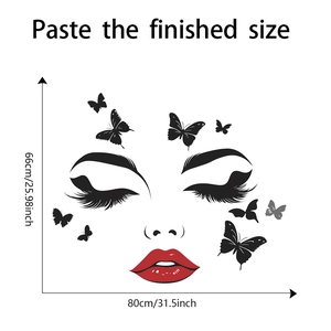 Detailed size schematic for red lips and butterfly wall sticker showing 80x66cm dimensions