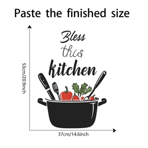 Detail view of Bless this kitchen wall sticker with dimensions 53cm by 37cm