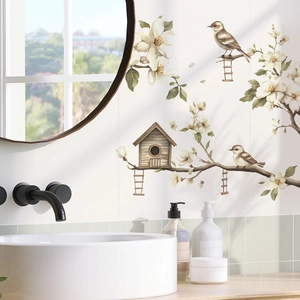 Pastoral wall stickers featuring magnolia blossoms, birds, and birdhouse in home setting