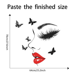 Schematic of red lips and butterfly wall decal with finished size dimensions 70x64cm