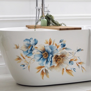 Waterproof blue and orange floral wall stickers for bathroom bathtub decoration