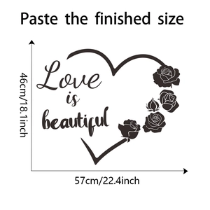 Detail view of heart and rose wall sticker with Love is beautiful slogan 46x57cm size