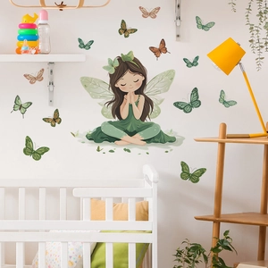 Adesivi murali fata e farfalle per decorazione camera bambini in tonalità verde bosco