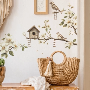 Magnolia Flower Branches Bird Birdhouse PVC Wall Stickers For Bedroom Living Room Home Background Decorative Wall Decals