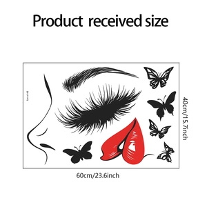 Detailed sheet showing product received size of red lip and butterfly wall decals