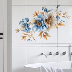 Artistic blue and gold floral wall stickers for luxury bathroom bathtub tile decoration