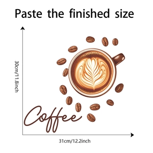 Detail view of coffee cup and beans wall sticker with dimensions showing finished size