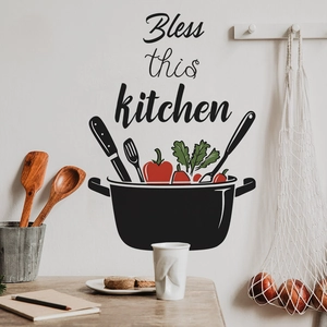 Detail of Bless this kitchen wall sticker with minimalist cookware and vegetable design