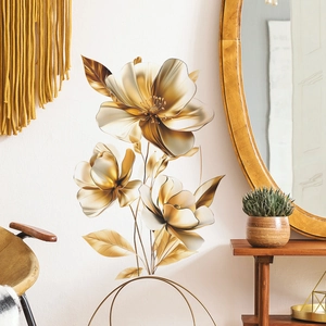 3D golden embossed flower wall decals for modern living room and bedroom home decoration