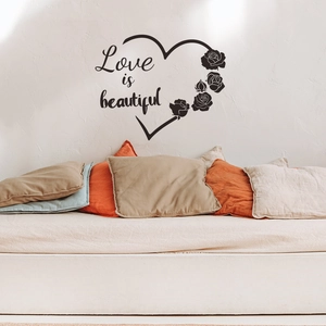 Romantic heart and rose wall sticker with 'Love is beautiful' text for home decoration