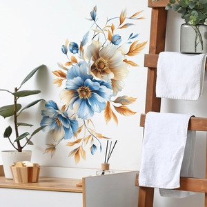 Blue and cream flower wall decal stickers with gold leaf accents for home bathroom decor