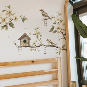 Watercolor magnolia branch wall sticker with birdhouse for bedroom decor