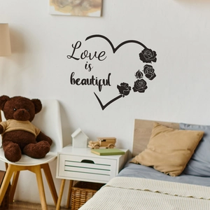 Romantic black wall sticker with Love is beautiful text, hearts and rose flower design