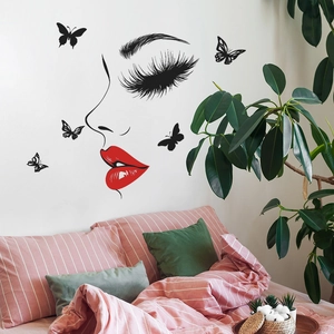 Red Lips Butterfly Wall Sticker PVC DIY Fashion Girl Face Silhouette Wall Decal For Living Room Bedroom Home Art Decor