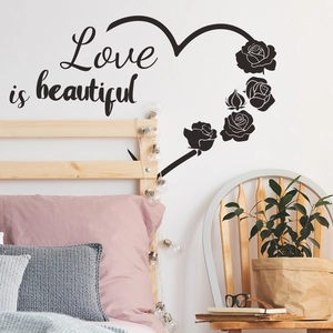 Modern black heart rose wall decal with Love is Beautiful quote for bedroom decor