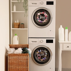 Floral wreath stickers for wash and dry machines on a white stacked washer and dryer