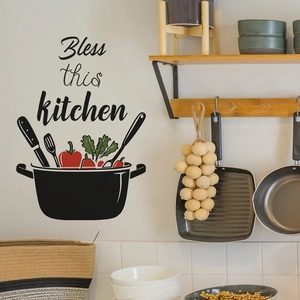 Kitchen wall decal featuring Bless This Kitchen text and cookware silhouette design