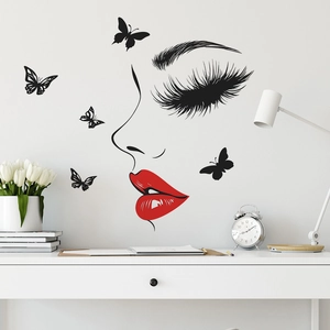 Minimalist wall decal featuring long eyelashes red lips and butterflies for bedroom decor