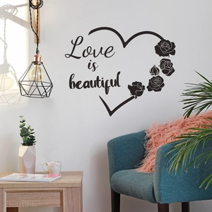Heart Rose Flower Wall Sticker Love Is Beautiful Quote Decal For Bedroom Living Room PVC Black Modern Home Decor Art Mural