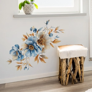 Blue Gold Floral Wall Stickers PVC Waterproof Hand Painted Flower Wall Decal For Bathroom Living Room Home Art Decor