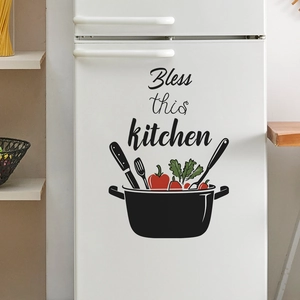 Kitchen wall decal featuring Bless this kitchen text and pot graphics on white fridge