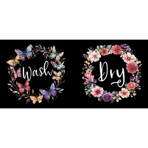 Detailed view of Wash and Dry floral wreath stickers with colorful butterflies on black base