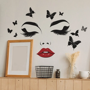 Chic female facial wall decal with long eyelashes, red lips and black butterflies for decor