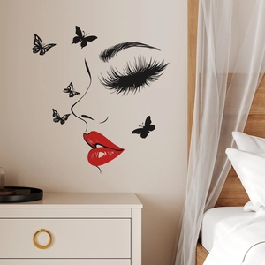 Fashion wall sticker with red lips woman silhouette and black butterflies for bedroom decor