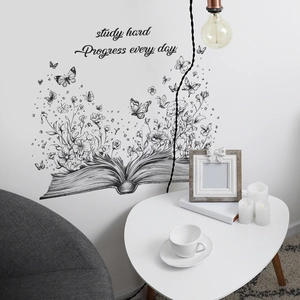 Inspirierender Wandaufkleber mit Buch und Schmetterlingen für Wohnzimmer und Büro