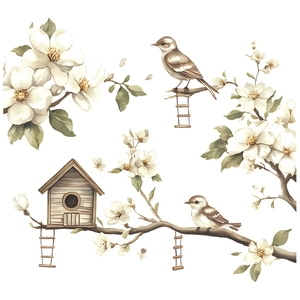 Watercolor magnolia branch and birdhouse wall decal set for cozy bedroom decor
