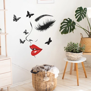 Minimalist red lips wall sticker with butterfly and eyelashes for bedroom decor